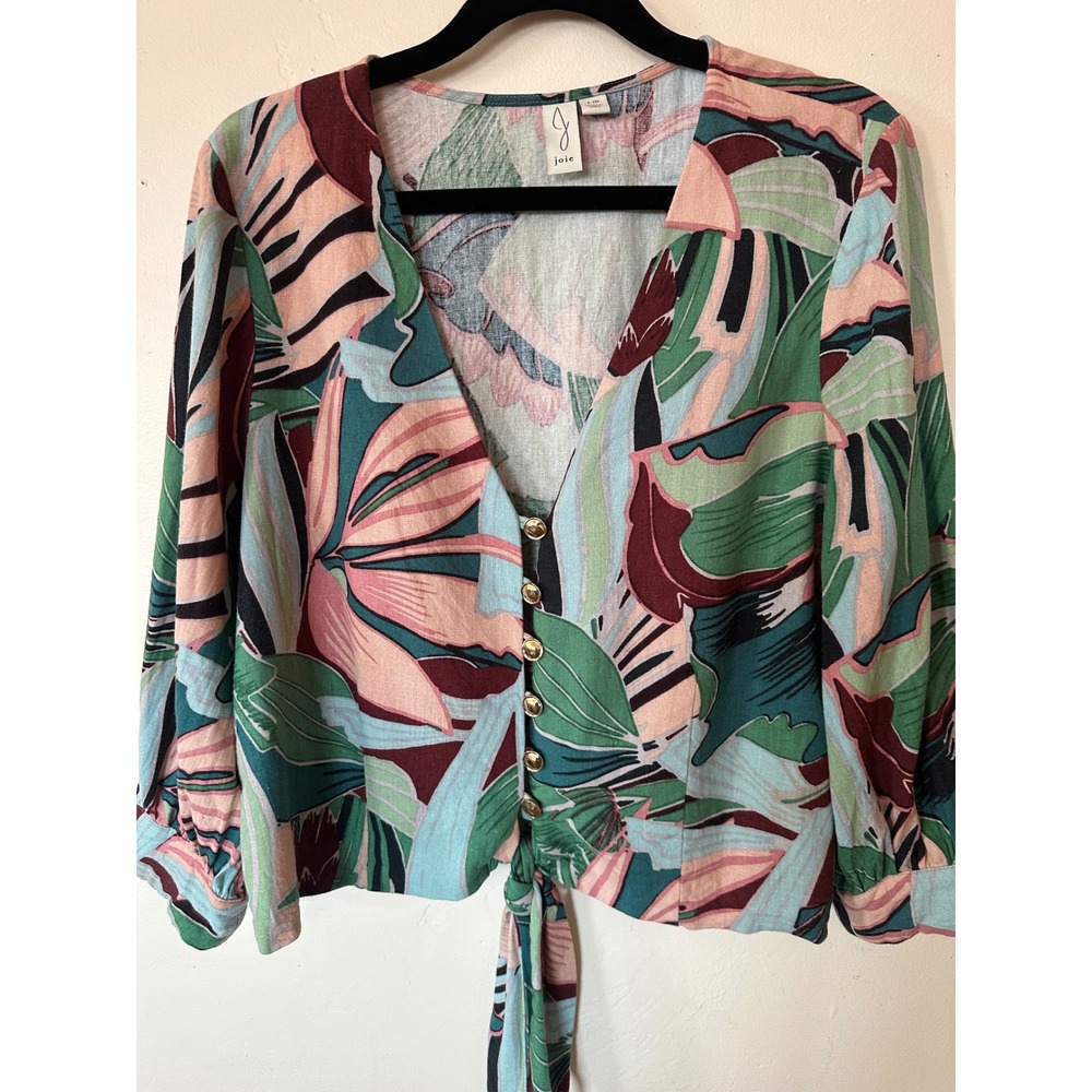 Joie Tropical Botanical Linen Blend Tie Front Button Top Green Pink Large